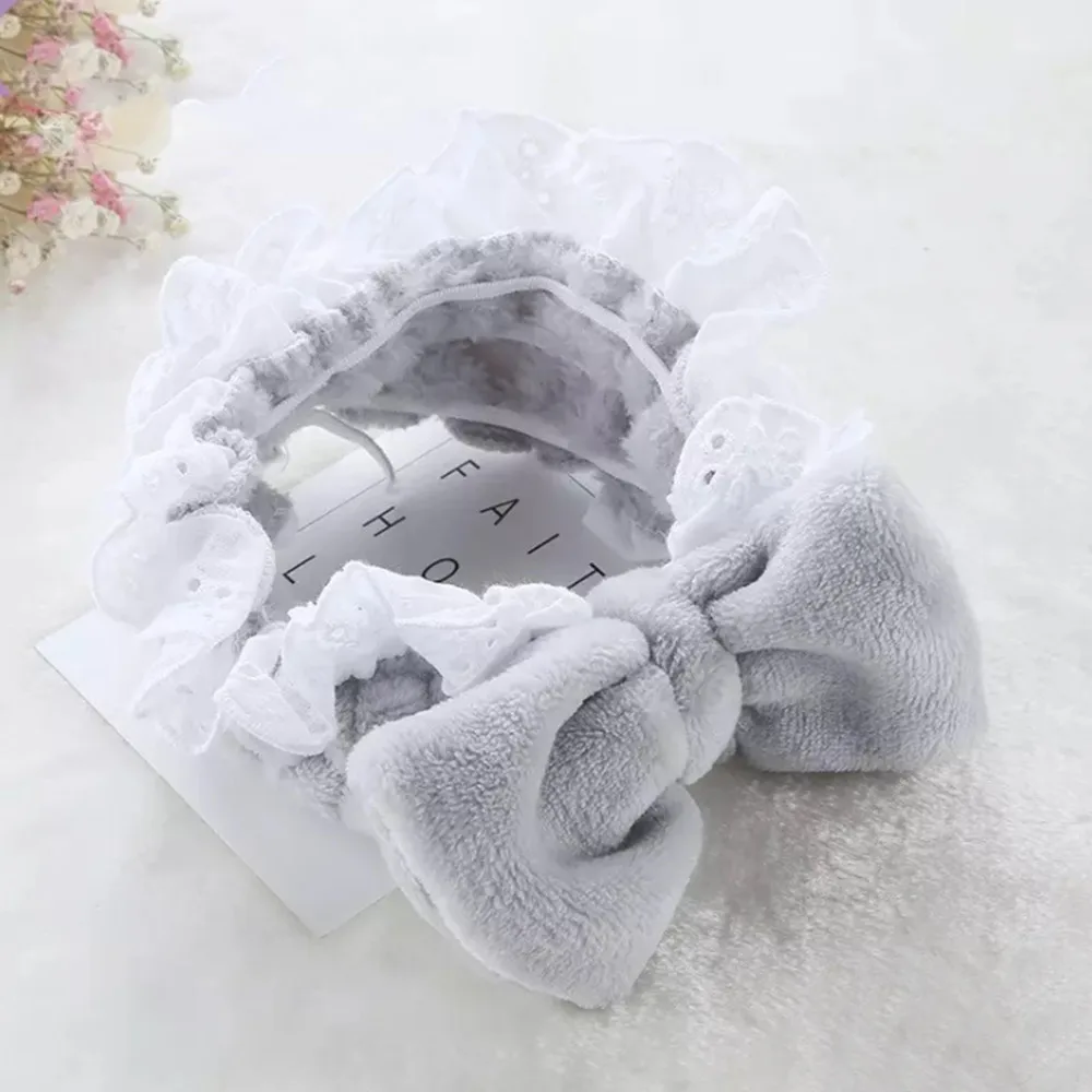 Grey Lace Повязка на голову из кораллового флиса с бантом для макияжа для женщин, женская маска для мытья лица, косметическая повязка на голову, эластичные мягкие аксессуары для волос в виде тюрбана - Цвет: Grey Lace