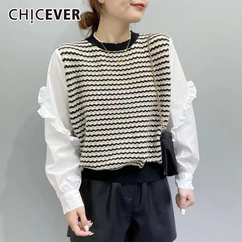 

CHICEVER повседневные Лоскутные поддельные две рубашки для женщин с круглым воротником и длинным рукавом Свободные цветные блузки в полоску Же...