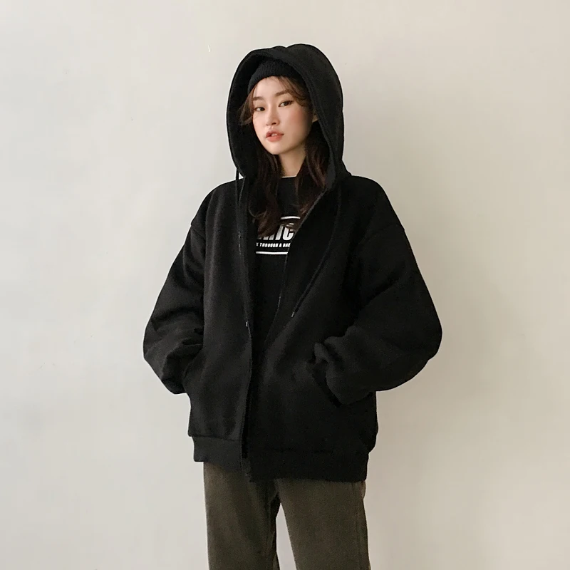 

Autumn Winter Thicken Solid Color Warm Sweatshirts Women Simple Loose Zipper Hooded Clothes Female Harajuku Fleece Warm Tops