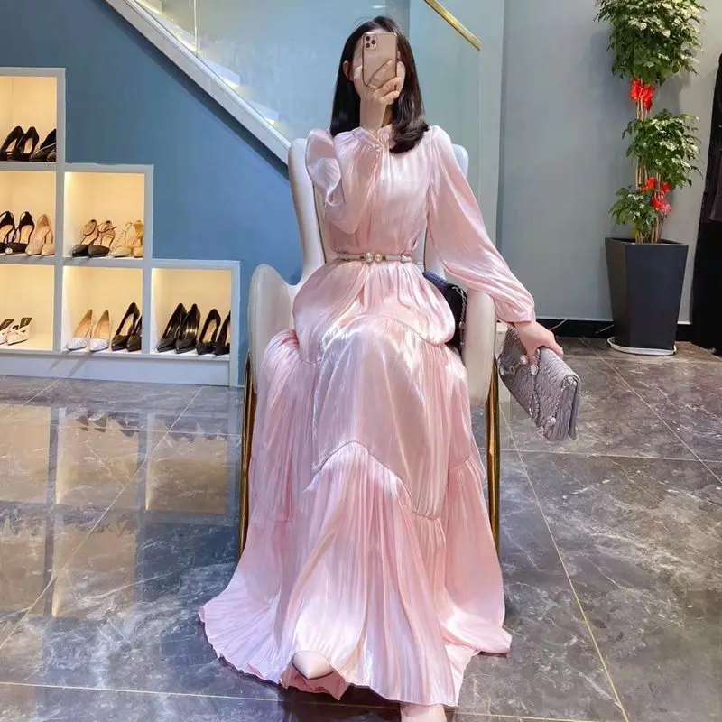 

France style Dress Party Club High Waist Satin Long Dress belted elegant O Neck Women Spring Clothing