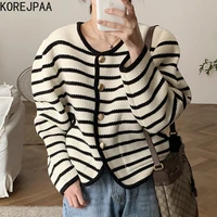 korejpaa hit color striped cardigans women korea retro autumn long sleeve button up o neck short sweater knitwear femme casual