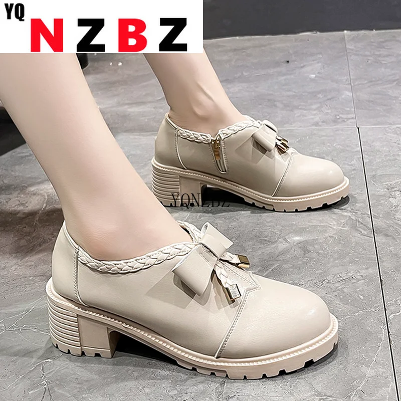 

British Style Ladies Leather Shoes Spring Autumn New All-Match Shallow Mouth Sweet Bow Mid-Heel High Heels Zapatos De Mujer