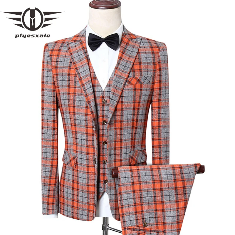 Оранжевый зеленого мужские свадебные костюмы из 3 предметов тонкие облегающие
