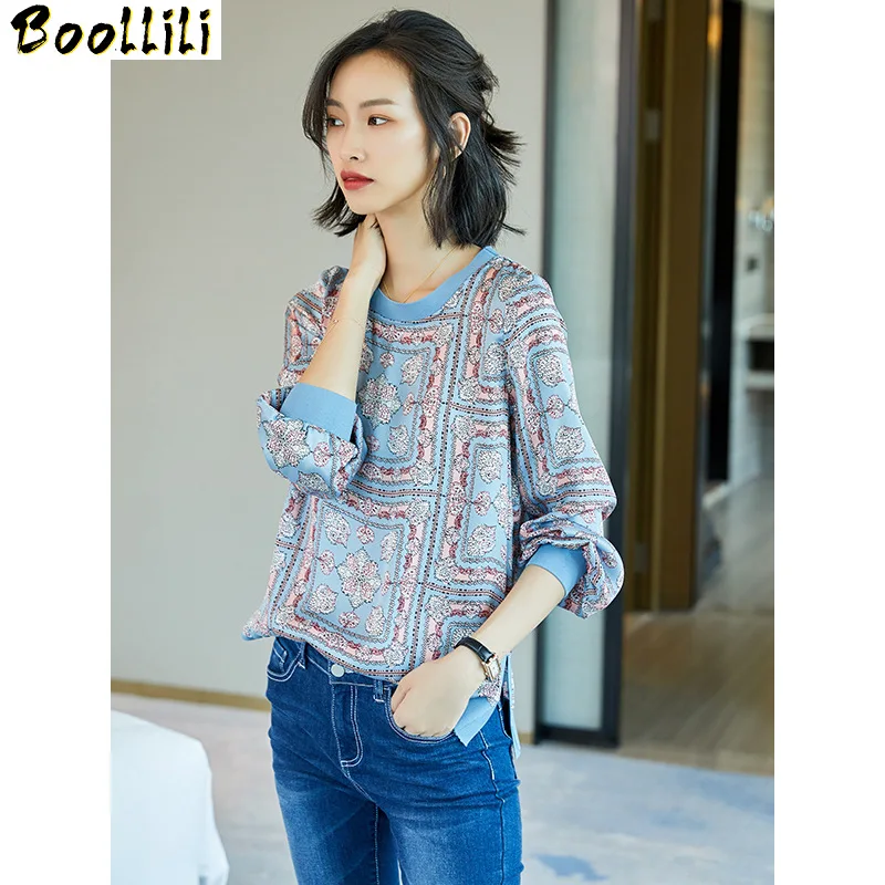 Boollili Real Silk Shirt Womens Tops and Blouses Office Lady Blouse Women Spring Print Vintage Blusas Mujer De Moda 2020