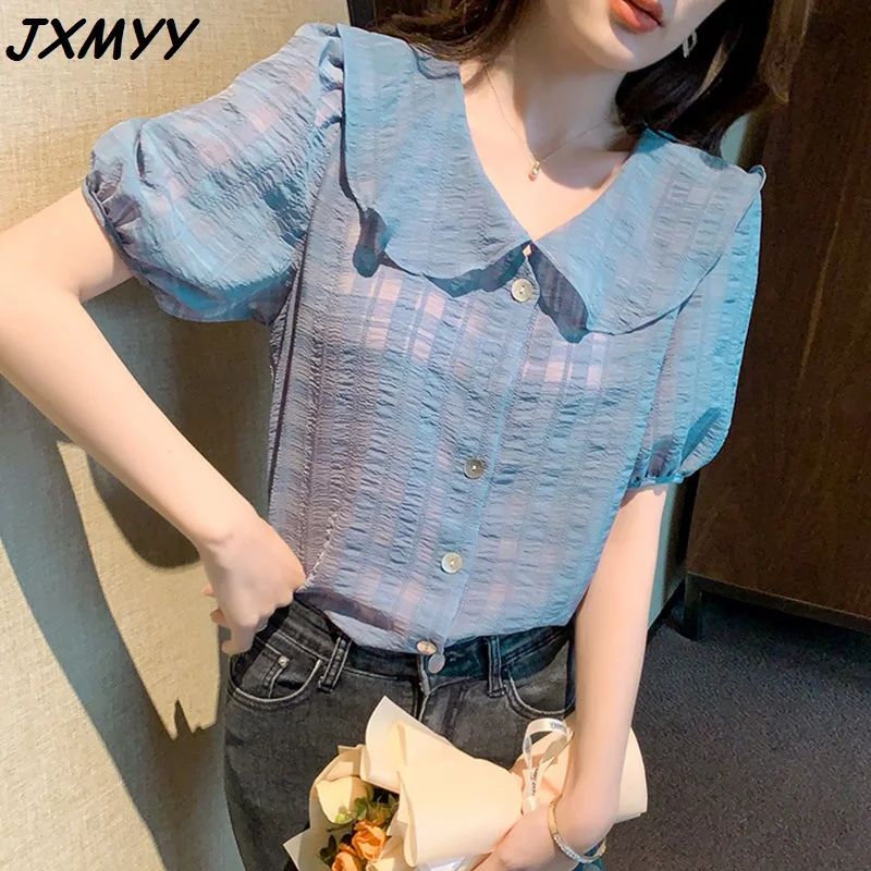 

2021 Elegant New Product Doll Collar Top Women All-Match Chiffon Summer Short-Sleeved Fashion Temperament Small Shirt JXMYY