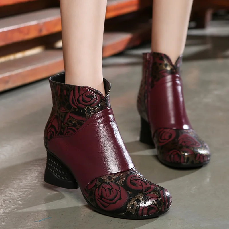 

BEYARNE Women Genuine Leather Boots 2020 Fashion Handmade Retro Boots High Heels Ankle Boots Female Cowhide Shoes