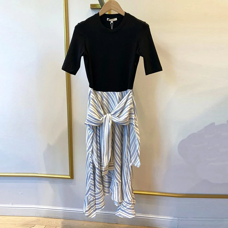 

Woman black striped dress patchwork knitted round neck short sleeve fashion summer dress French brand office clothes