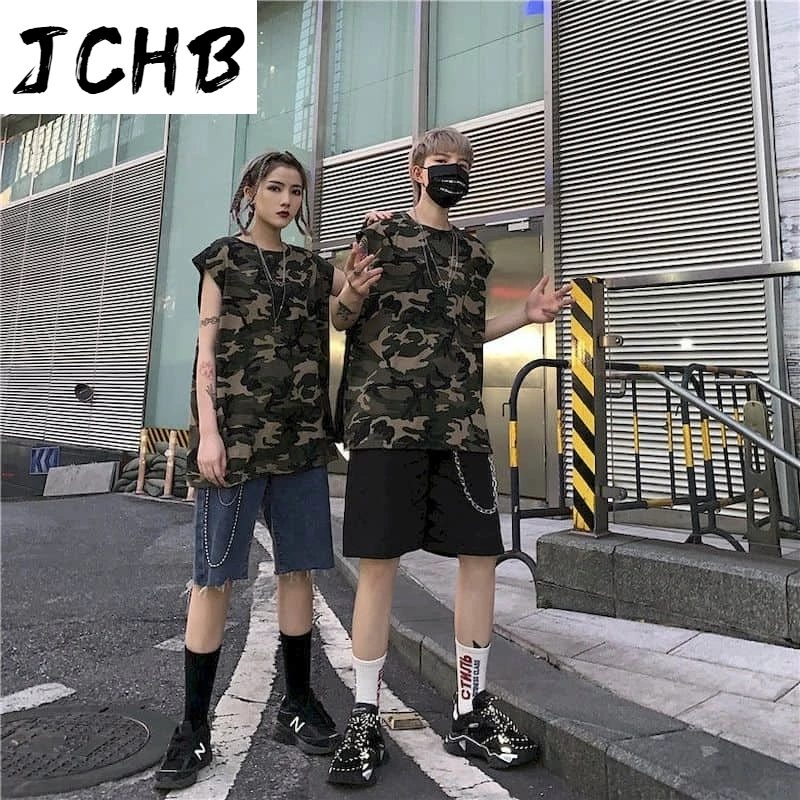 

2021 Summer New Korean Punk Tshirt Women Men t Shirt Ins Couples Wear Camouflage Vest Loose Bf Outer Wear Sleeveless T-shirt Top