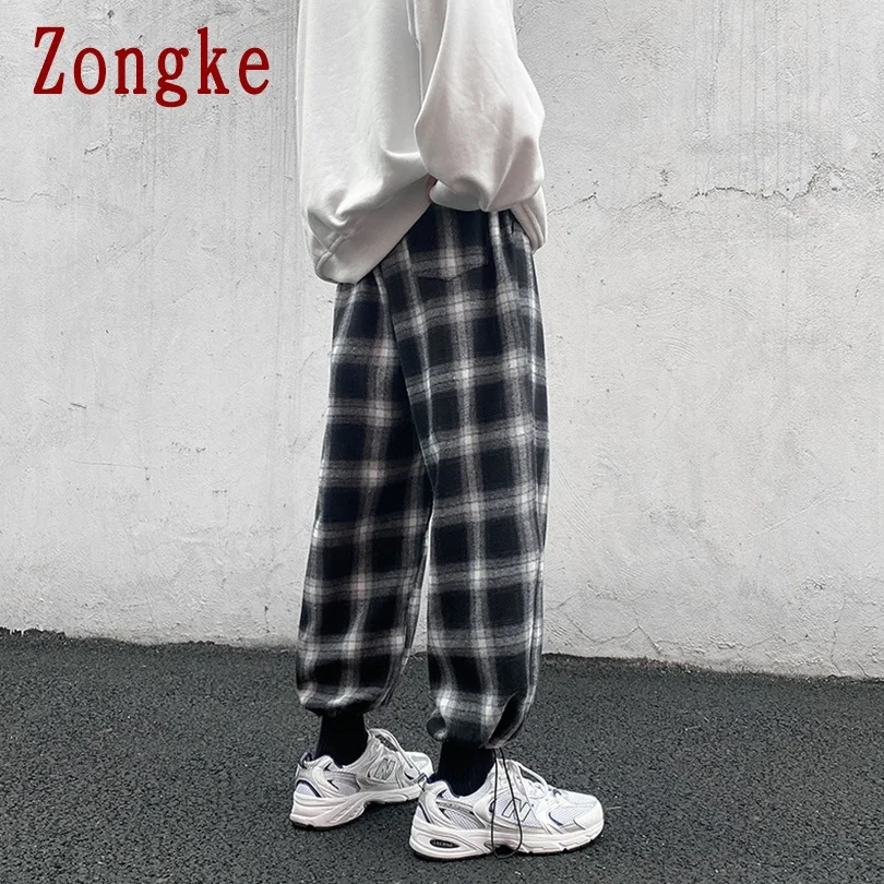 

Zongke Baggy Men's Plaid Pants Harajuku Men's Clothing Checkered Pants Korean Style Checked Trousers Ankle-Length M-5XL 2021