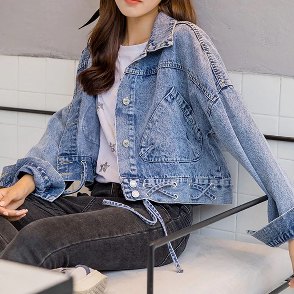 Джинсовая куртка BF Повседневная Свободная джинсовая на шнуровке осень корейский