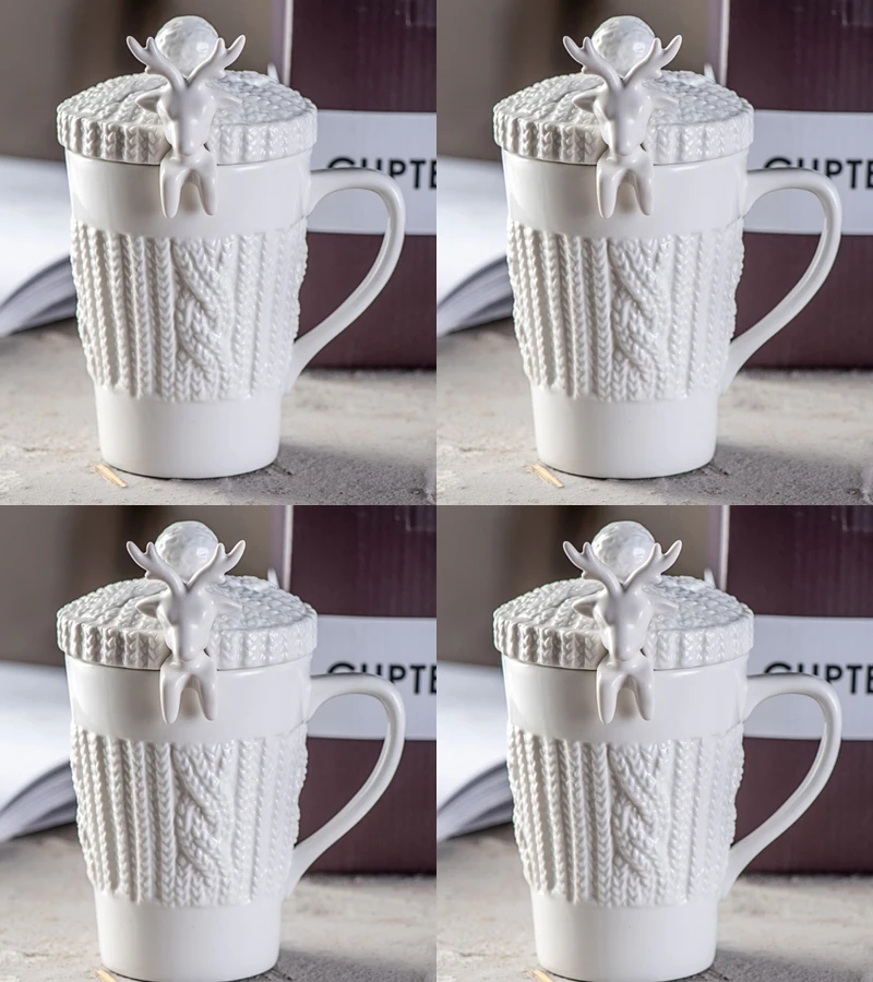 4pcs B 320 мл, фарфоровая кружка с рисунком оленя с ложкой, Рождественский подарок, винтажные керамические кофейные кружки, милая кружка, подарок для творчества - Цвет: 4pcs B