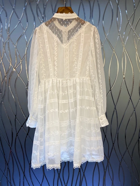 

2021 spring new women's fashion round neck perspective embroidery stitching decoration long sleeve solid color dress 307
