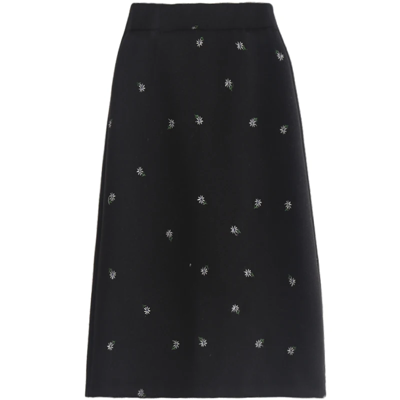 

Flower Embroidery Wool Wome Skirts High Waist A-Line Knee-Length Office Lady Elegant Clothing Top Quality