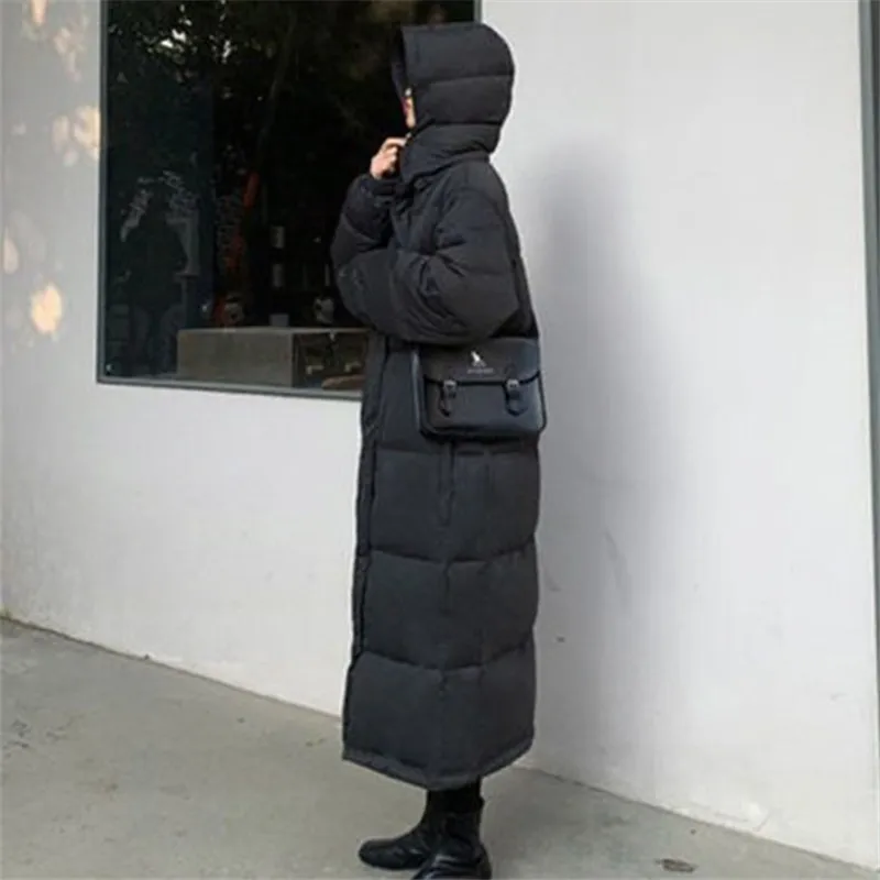 Winter Parka Coat Thickened Woman New Solid Color Hooded Zipper Pocket Over The Knee Long Cotton Clothing Warm Simple Commuter