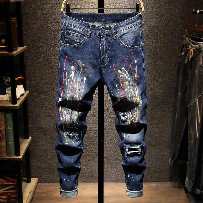 Европейские и американские уличные модные мужские джинсы, синие эластичные узкие рваные джинсы в стиле ретро, мужские дизайнерские брюки и...