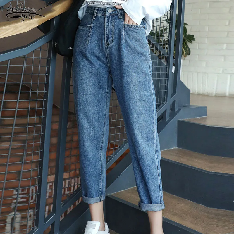 

2020 Autumn Jeans Women High Waist Jeans Soft Denim Pants Loose Harem Pants Ankle-length Blue Casual Trousers Pants Capris 10729