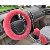 1set winter pink soft warm plush wool car steering wheel cover handbrake covers stop lever cover automotive interior accessories