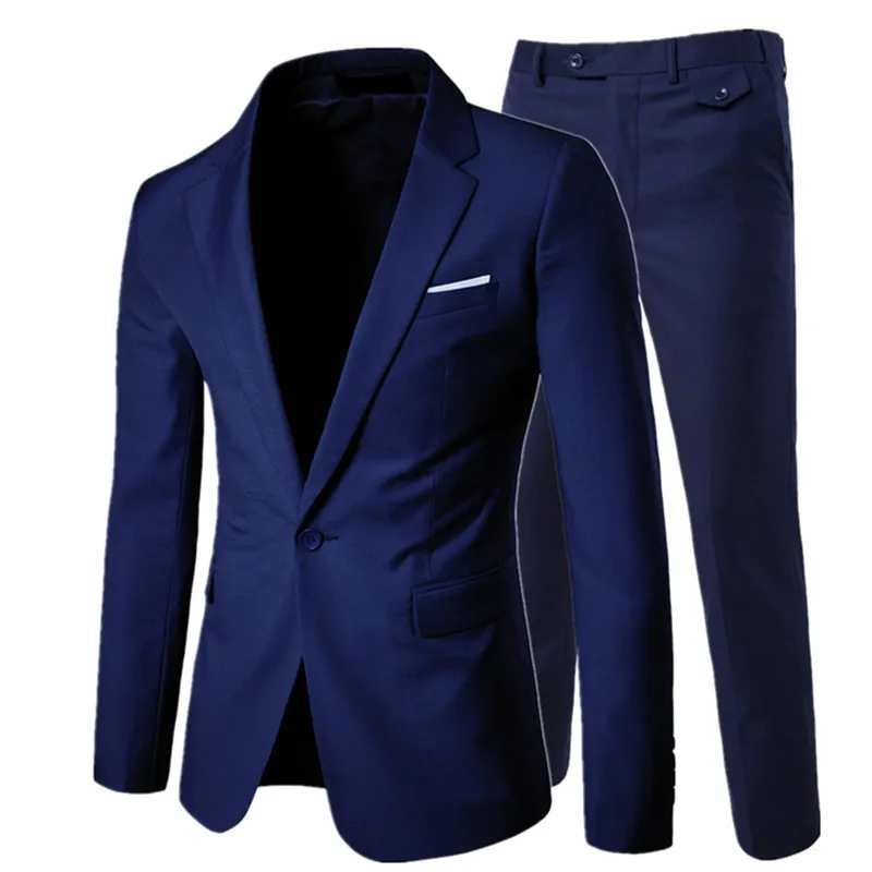 Navy blue 2-pcs set Куртка+ брюки+ жилет) Роскошные мужские повседневные Свадебные смокинги мужская одежда мужской тонкий костюм модные мужские деловые вечерние костюмы - Цвет: Navy blue 2-pcs set