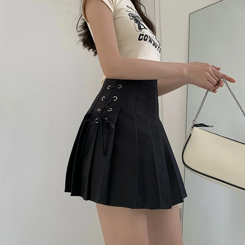 

KUSAHIKI Sweet Bow Bandage High Waist Woman Skirts Causal Korean Pleated A-line Skirt Summer New Faldas Mujer Moda 2021 6H068