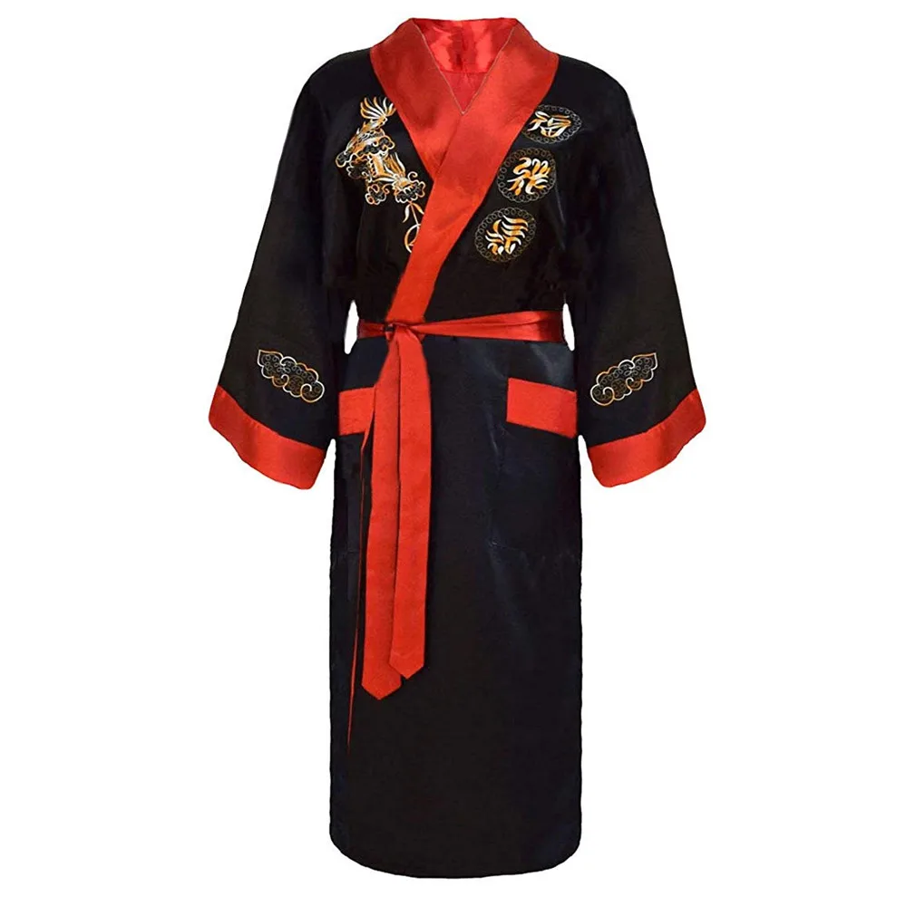 

Loose Robe Kimono Gown Bathrobe Navy Blue Black Men Embroidery Robe Reversible Dragon Casual Sleepwear Lounge Negligee Homewear