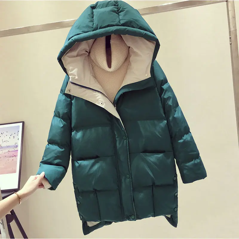 

2022 Winter Parkas Hooded Female Jacket Warm Thicken Long Coat Solid Outerwear Down Cotton Casual Loose Women Coats Feminina