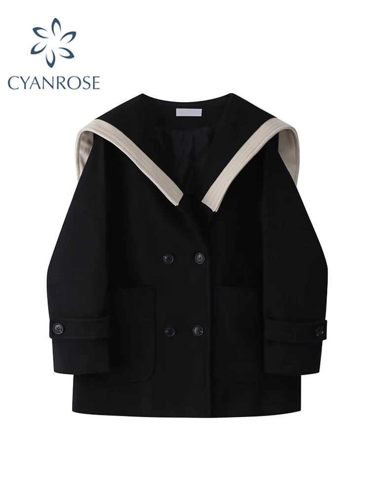 

Women Korea Vintage Warm Woolen Overcoat Sailor Collar Long Sleeve Preppy Style Pockets Loose Outerwear 2021 Autumn Winter New