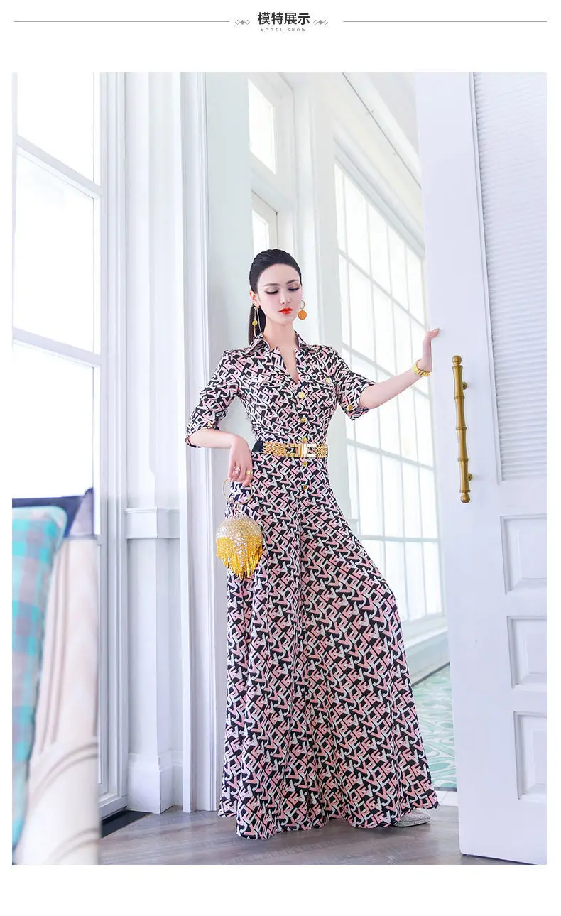 

Casual Fashion Women's Printed Wide Leg Spring And Summer Foreign Style Show Thin Medium Sleeve Jumpsuit Pants Dress New Vestido