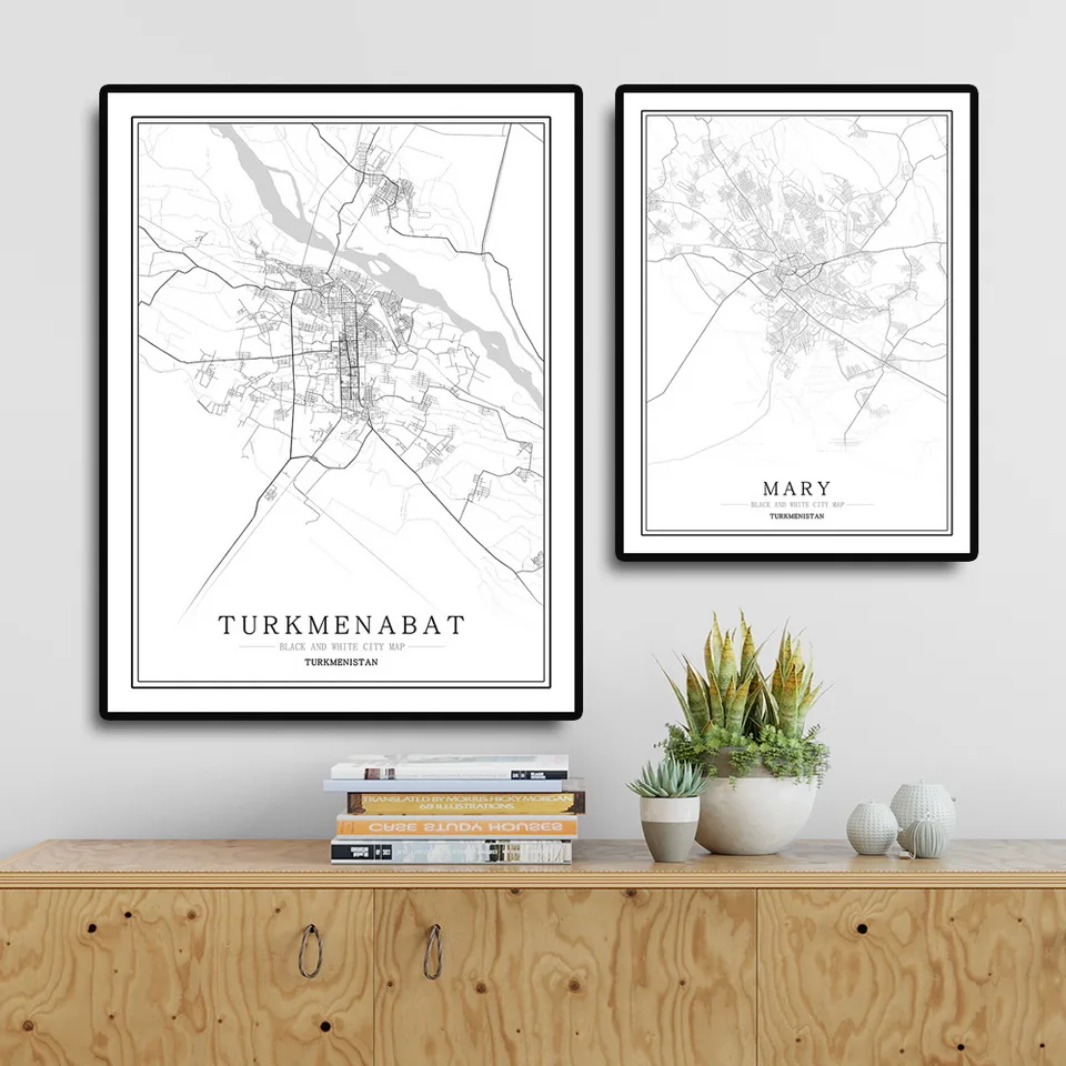 Черно-белая карта Туркестана Постер в скандинавском стиле для гостиной Ashkabad