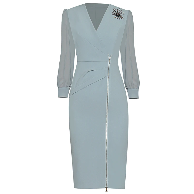 

Runway Women New Dress 2021 Spring Autumn Fashion Office Casual Party Sexy Vintage Elegant Diamond Appliques Zipper Pencil Dress