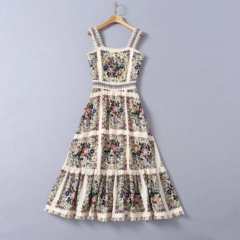 

and American women's European wear 2021 winter new style Condole belt Heavy industry beaded fashion floral print dress