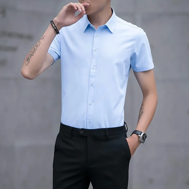 

2021 Men's Casual Dress Shirts Short Sleeved Shirt Solid Male Slim Fit Social Business White Black 4XL 5XL 6XL Oversized Shirt