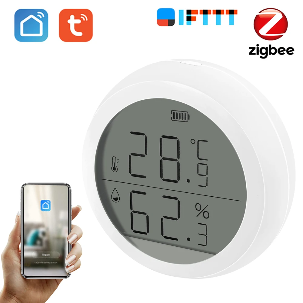 Датчик температуры и влажности Tuya ZigBee для умного дома, комнатный гигрометр-термометр со светодиодный ным экраном, работает с помощником по дому - изображение