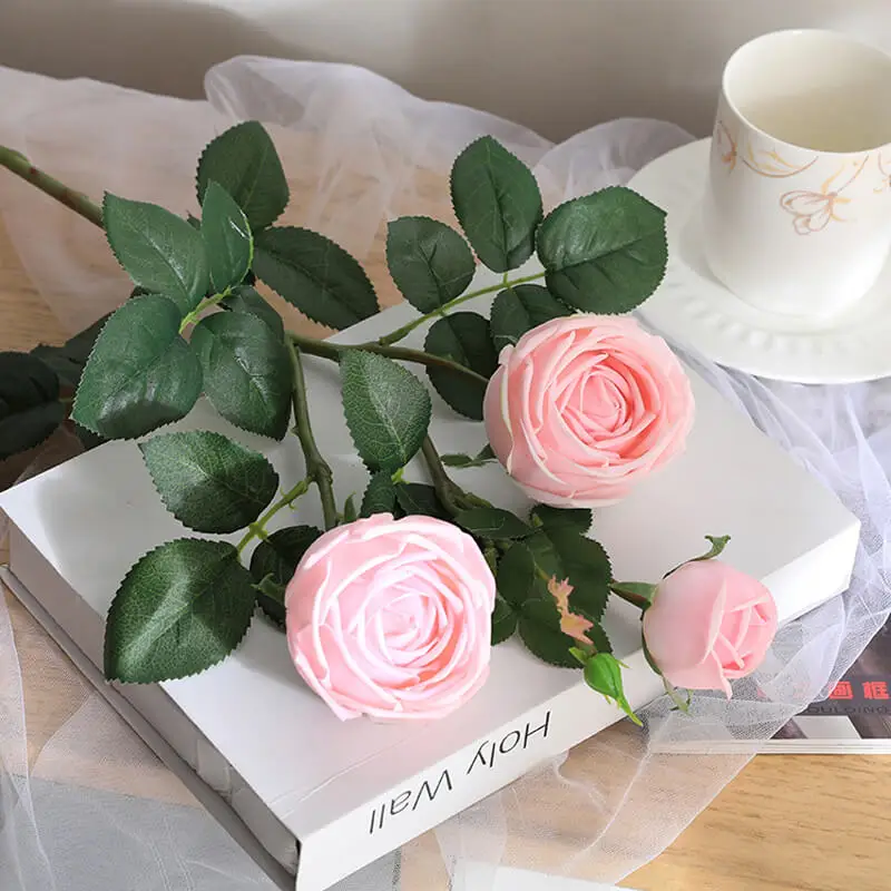 Xuanxiaotong 3 Head 77cm Yellow Silk Tea Rose Flower Artificial for Home Wedding Decor Pink White Champagne Roses with Leaves | Дом и сад