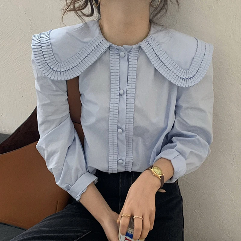 

2021 Spring New Gentle Milky Soft Blue Doll Collar Organ Pleated Design Bound Button Loose Puff Sleeve Shirt Top