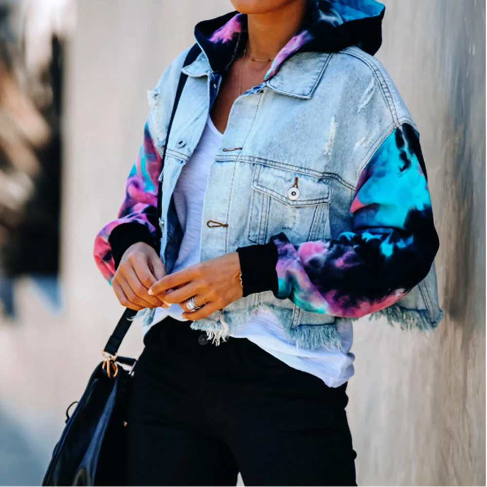 

Women Tie Dye Denim Jacket Coats Patchwork Long Sleeve hooded Button Pockets Hole Tassel Loose Short Jean Jackets 2020 Autumn