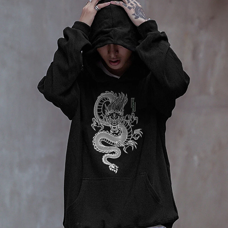 

Толстовка с капюшоном в стиле Харадзюку для мужчин и женщин, винтажная уличная одежда с принтом китайского дракона, пуловер унисекс с длинн...