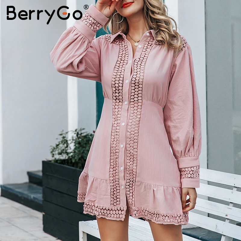Розовый BerryGo Элегантный kороткие кружевные хлопчатобумажные платья фонарь рукавом A-Line зимнее платье Осень шикарное белое платье - Цвет: Розовый