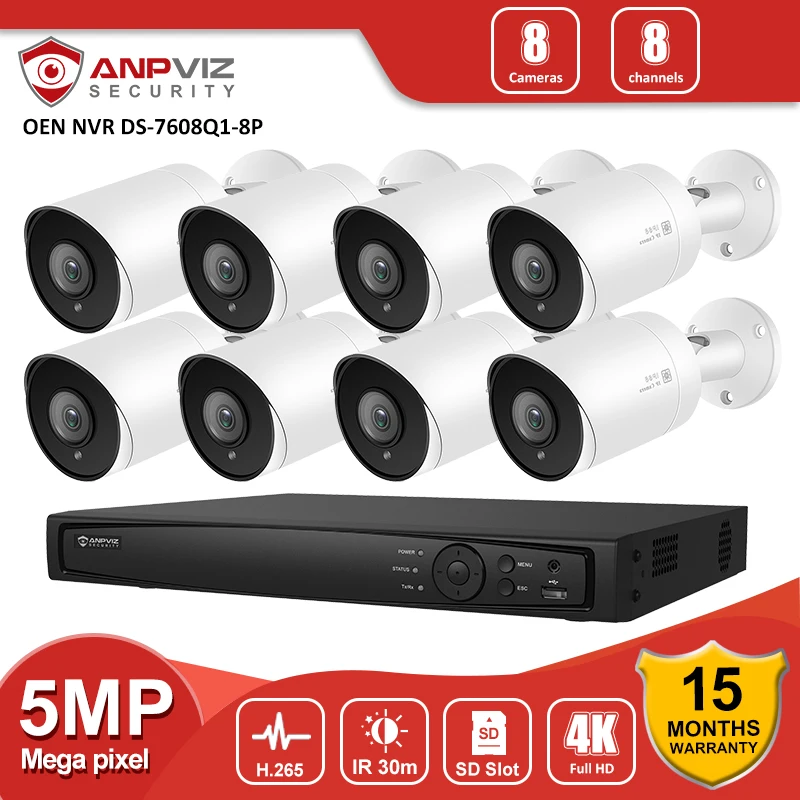 Anpviz Secutity CCTV Camera System Hikvision OEM 4K 8MP 8CH NVR 5MP Bullet POE IP Outdoor Audio H.265 + комплект