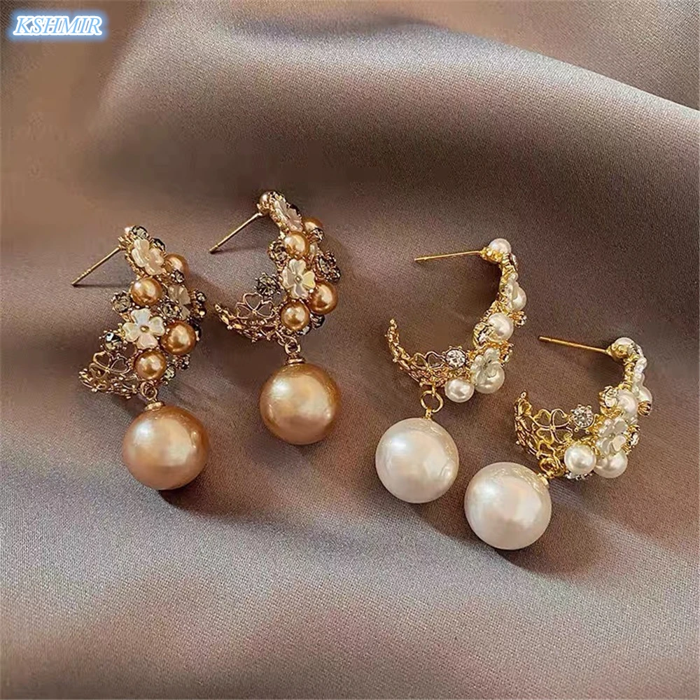 

Kshmir French retro rhinestone flower pearl earrings 2021 new fashion gentle temperament super fairy earrings women