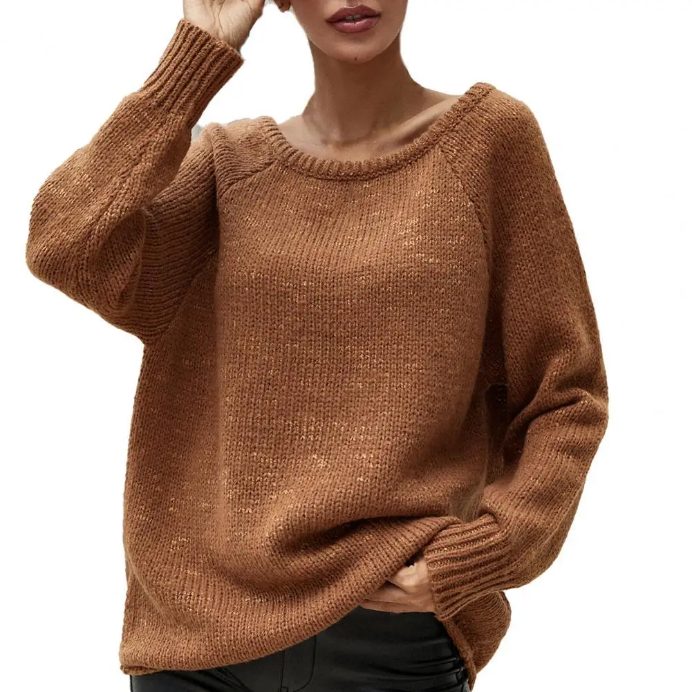 

Женский однотонный пуловер с длинным рукавом, с открытыми плечами и круглым вырезом