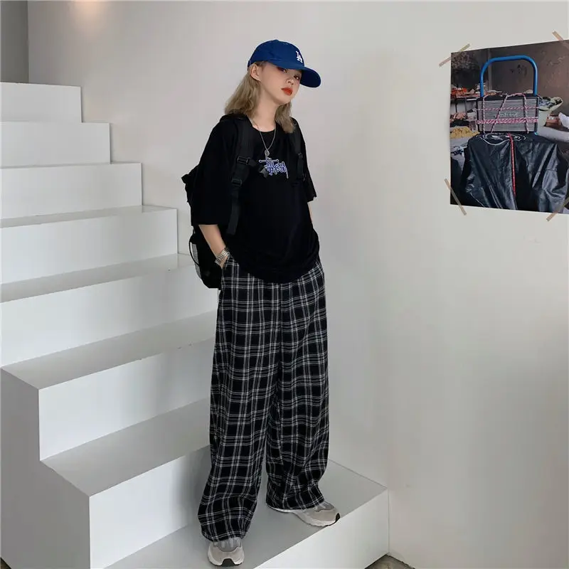 

MEWILK Plaid Pants Women's Spring Summer Korean Vintage Black Pants Loose High Waist Casual Pants Straight Wide Leg Pants