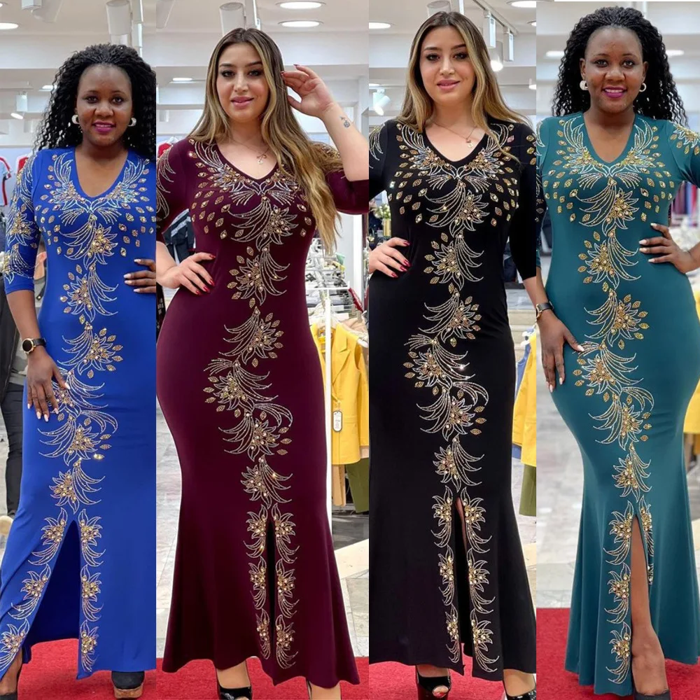 

Africa Clothing Velvet Spring Autumn Flower Print Muslim Long Maxi Dress High Quality Fashion Lady African Dresses For Women