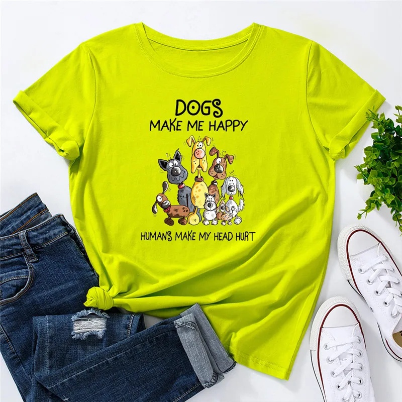 

Dogs Make Me Happy Letter Printed T Shirt Summer Plus Size Cute Dogs Print Short Sleeve Graphic Tees Casual Women T-shirt Top