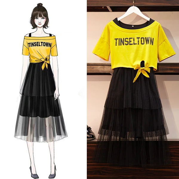 2 шт. Сетчатое платье трапеция с оборками в Корейском стиле|Женские платья| |