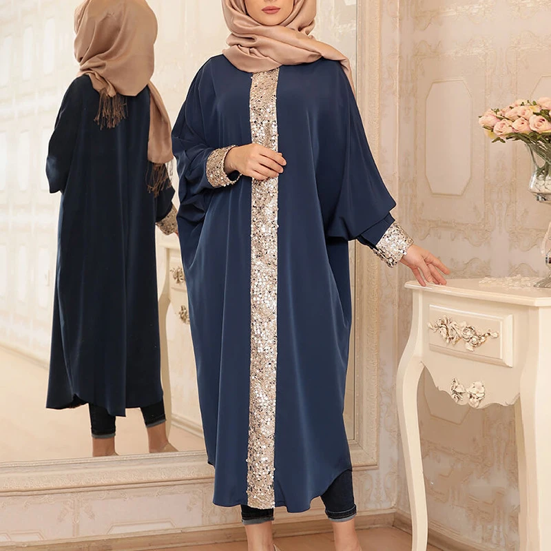 

Casual Muslim Abaya Dubai Caftan Sequins Bat Sleeve Dress Islamic Clothing Turkish Arabic Abaya For Women Musulmane Ramadan Robe