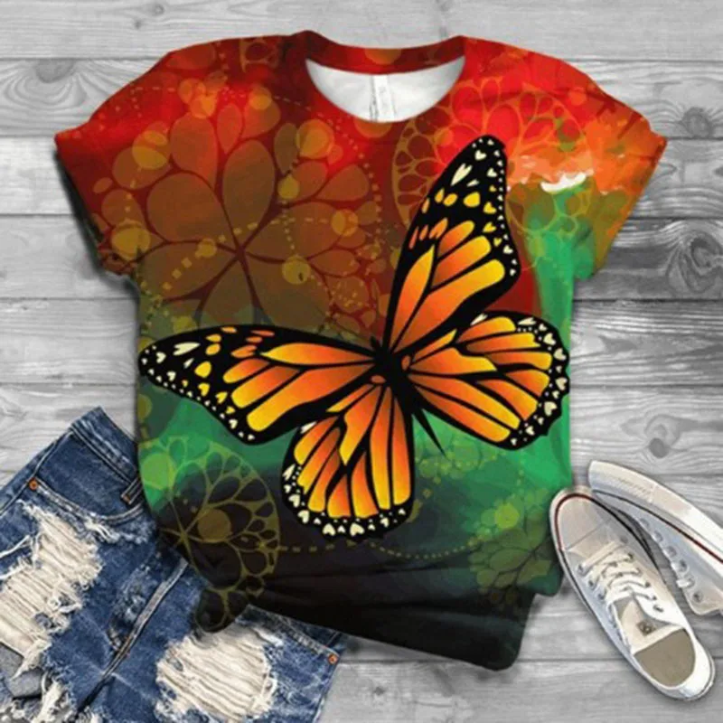

Women Short Sleeve 3D Butterfly Animal Print T Shirt New Summer Casual Loose Cute Dog Tshirts Fashion Female Tees Top Plus Size