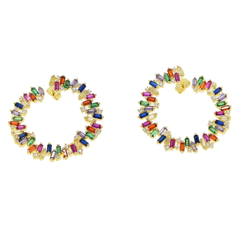 2021 Luxury Gold color round circle geometric stud earring Baguette rainbow colorful cz paved fashion trendy jewelry for women | Украшения