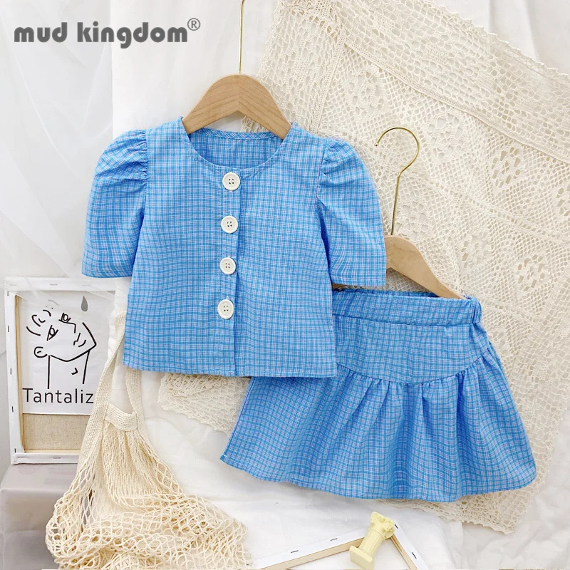 

Mudkingdom Baby Shirt Skirt Sets for Girls Puff Sleeve Crew Neck Single Breasted Plaid Set for Kids Casual Comfortable Outfits