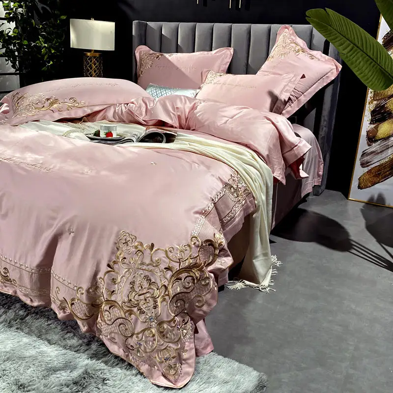 

Pink Bedding Set Embroidery Duvet cover set Long-staple cotton Pillowcases Queen King Size Bed Bed Linen 4pcs 2020 new