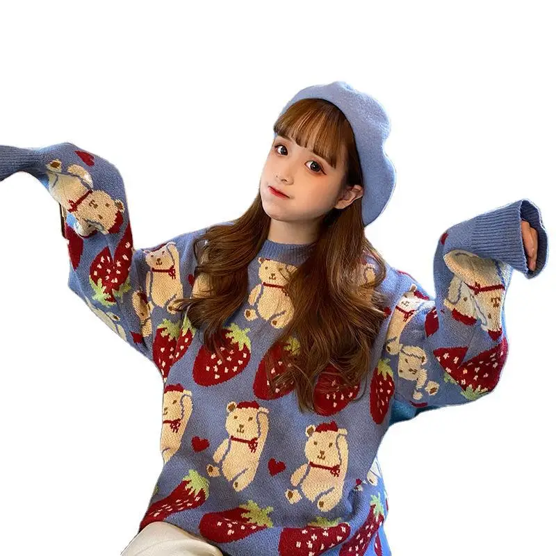 

Women Cute Strawberry Bear Blue Sweater Girls Round Neck Loose Wild Soft Sister Small Fresh Student Pullover Autumn Winter Tops